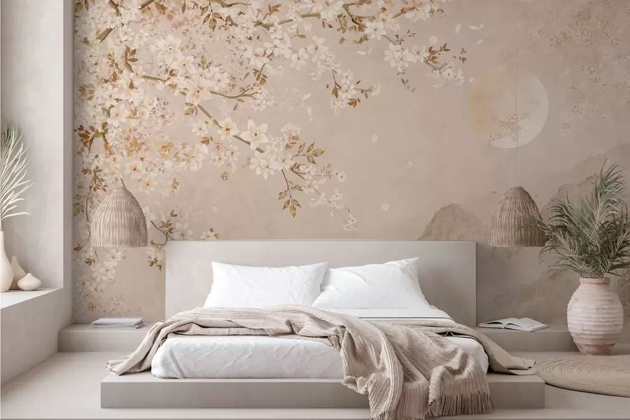 murales Una rama en flor sobre las montañas envueltas en niebla y el sol w05695