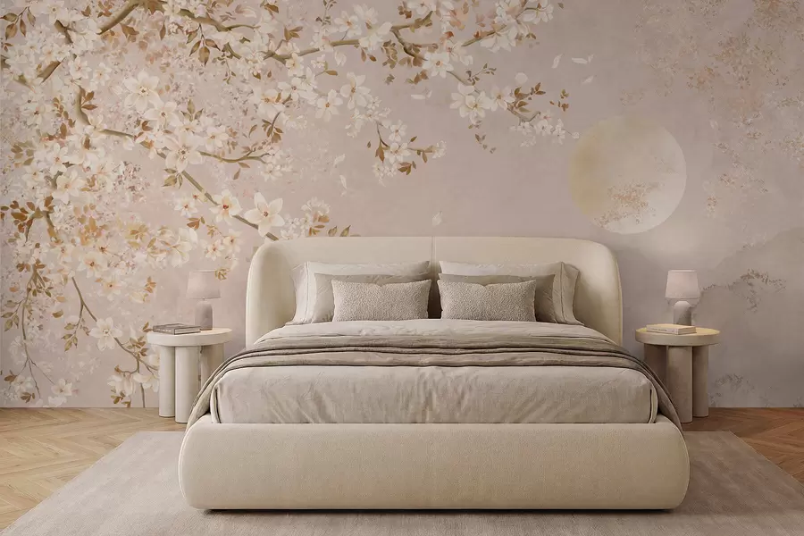 Wall Mural Photo Wallpaper Light flowering branch above misty mountains and sun w05695