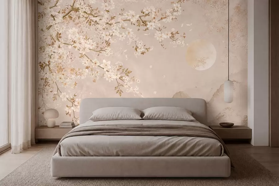 Wall Mural Photo Wallpaper Light flowering branch above misty mountains and sun w05695