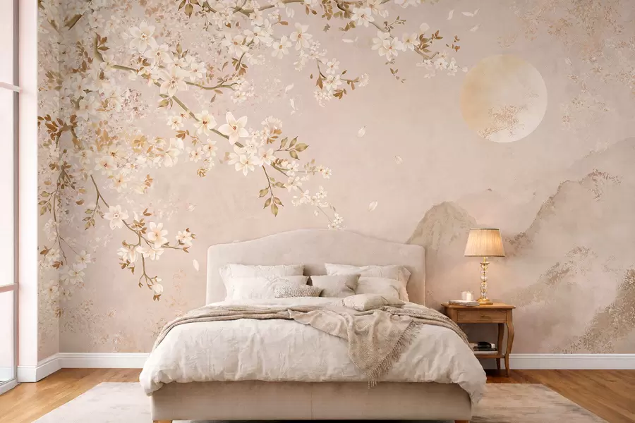 murales Una rama en flor sobre las montañas envueltas en niebla y el sol w05695