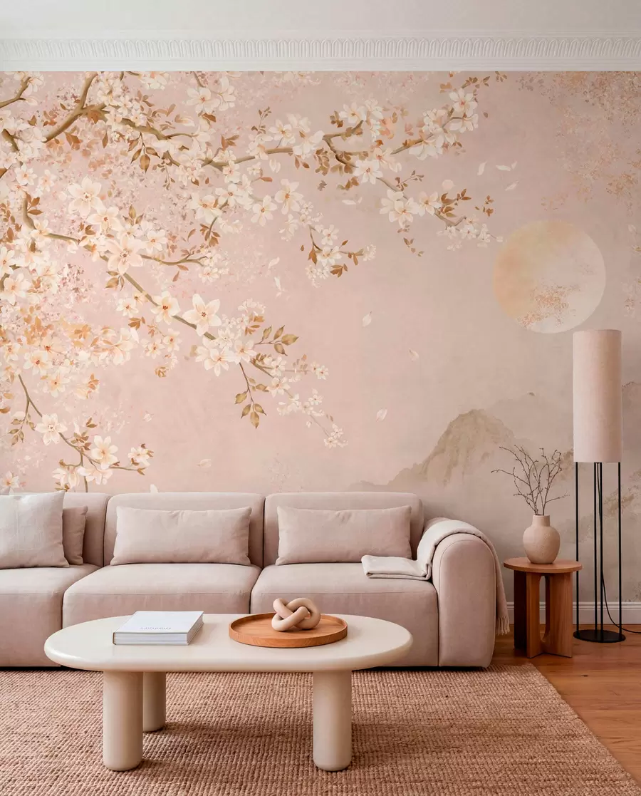 Wall Mural Photo Wallpaper Light flowering branch above misty mountains and sun w05695