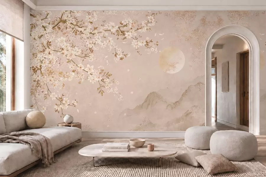 peintures murales Une branche en fleurs au-dessus des montagnes brumeuses et du soleil w05695