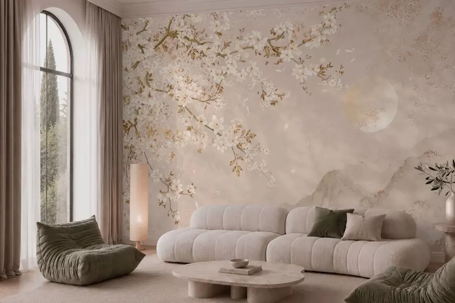 peintures murales Une branche en fleurs au-dessus des montagnes brumeuses et du soleil w05695