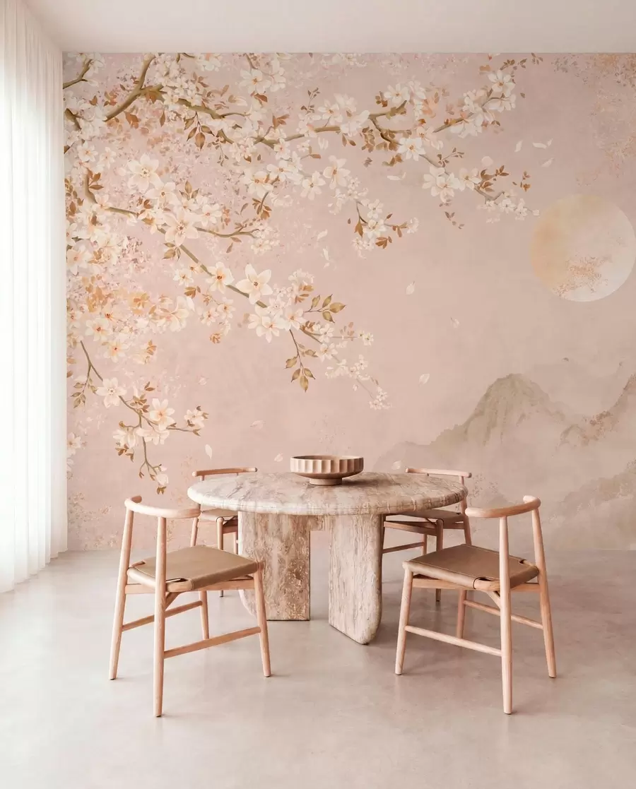 wall murals Light flowering branch above misty mountains and sun w05695