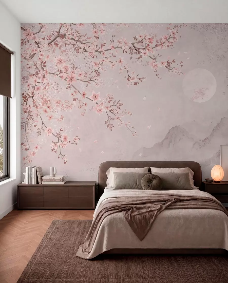 Wall Mural Photo Wallpaper Pink blossoms on a branch above a soft mountain scene w05695v1