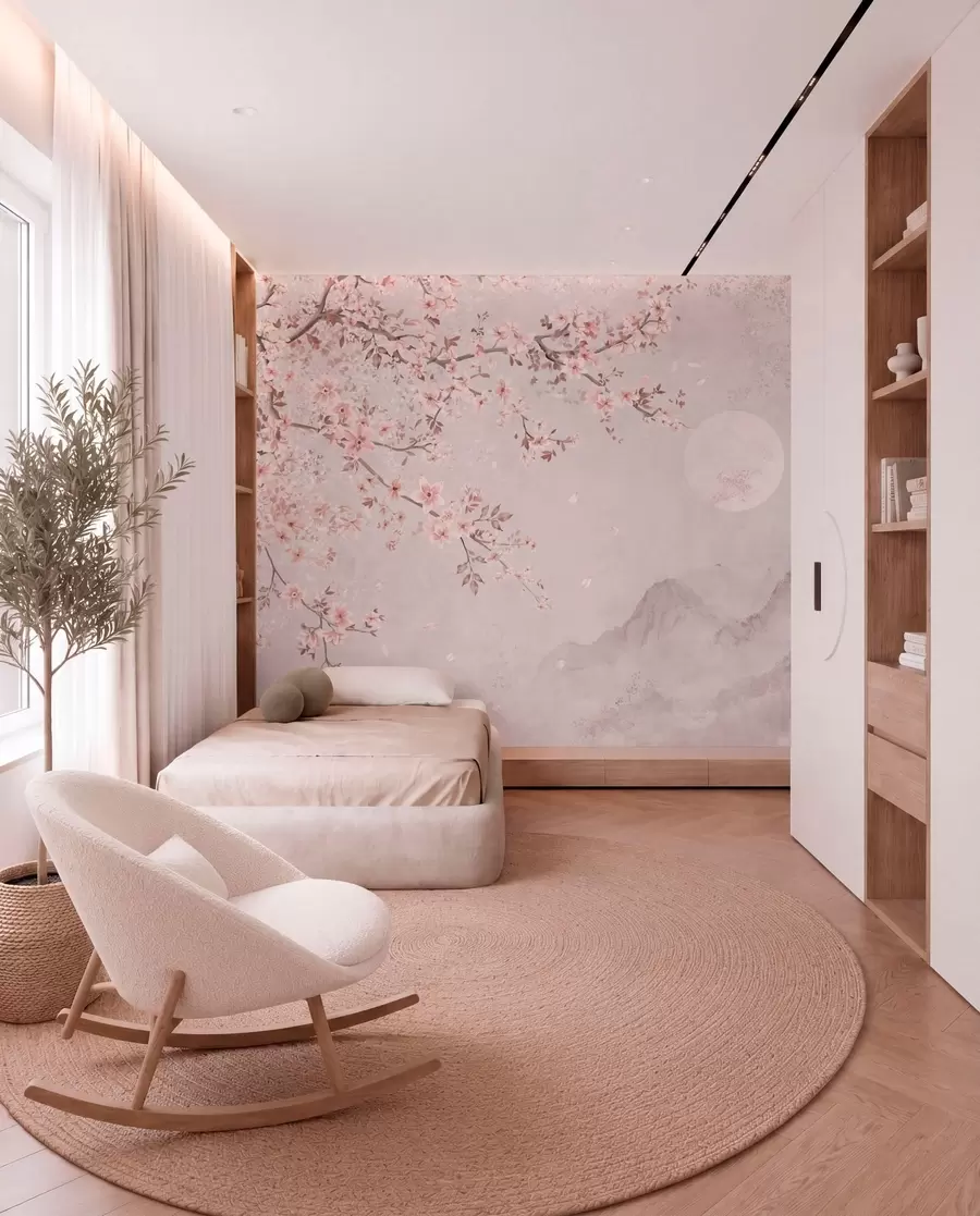 Wall Mural Photo Wallpaper Pink blossoms on a branch above a soft mountain scene w05695v1