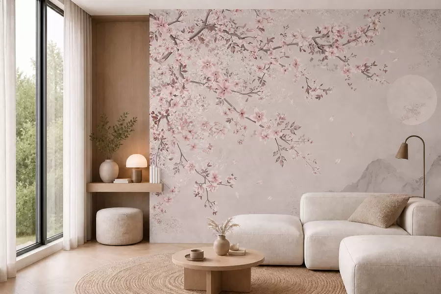 peintures murales Des fleurs roses sur une branche au-dessus d'un paysage de montagne paisible w05695v1