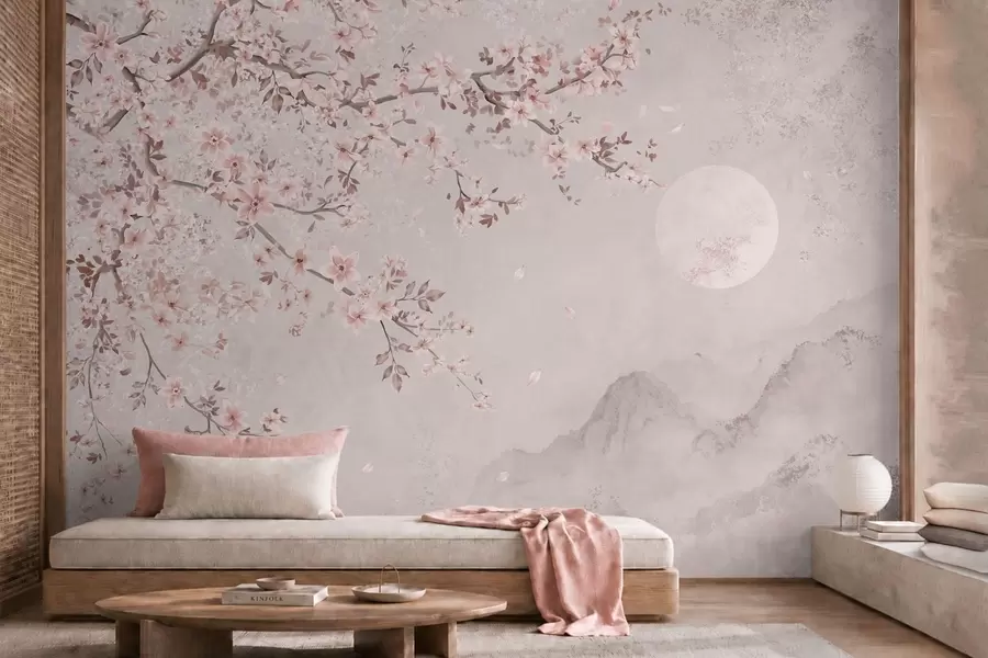 peintures murales Des fleurs roses sur une branche au-dessus d'un paysage de montagne paisible w05695v1