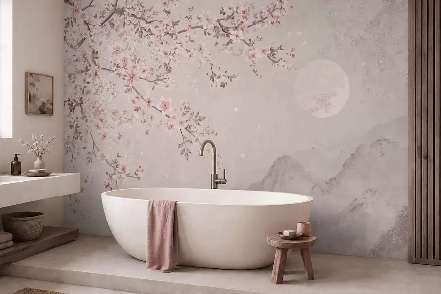 Wall Mural Photo Wallpaper Pink blossoms on a branch above a soft mountain scene w05695v1