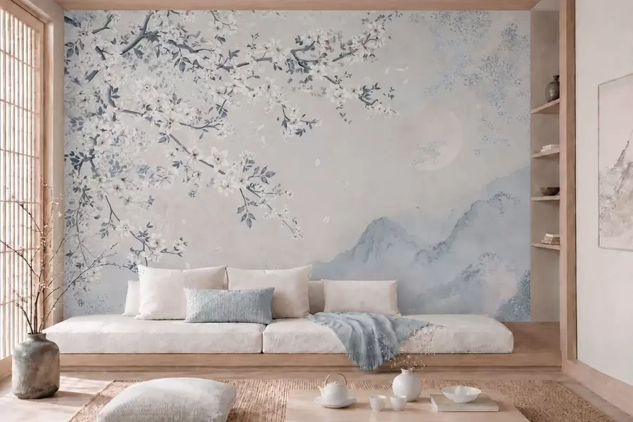 peintures murales Une branche en fleurs délicate au-dessus de montagnes brumeuses et de la lune w05695v2