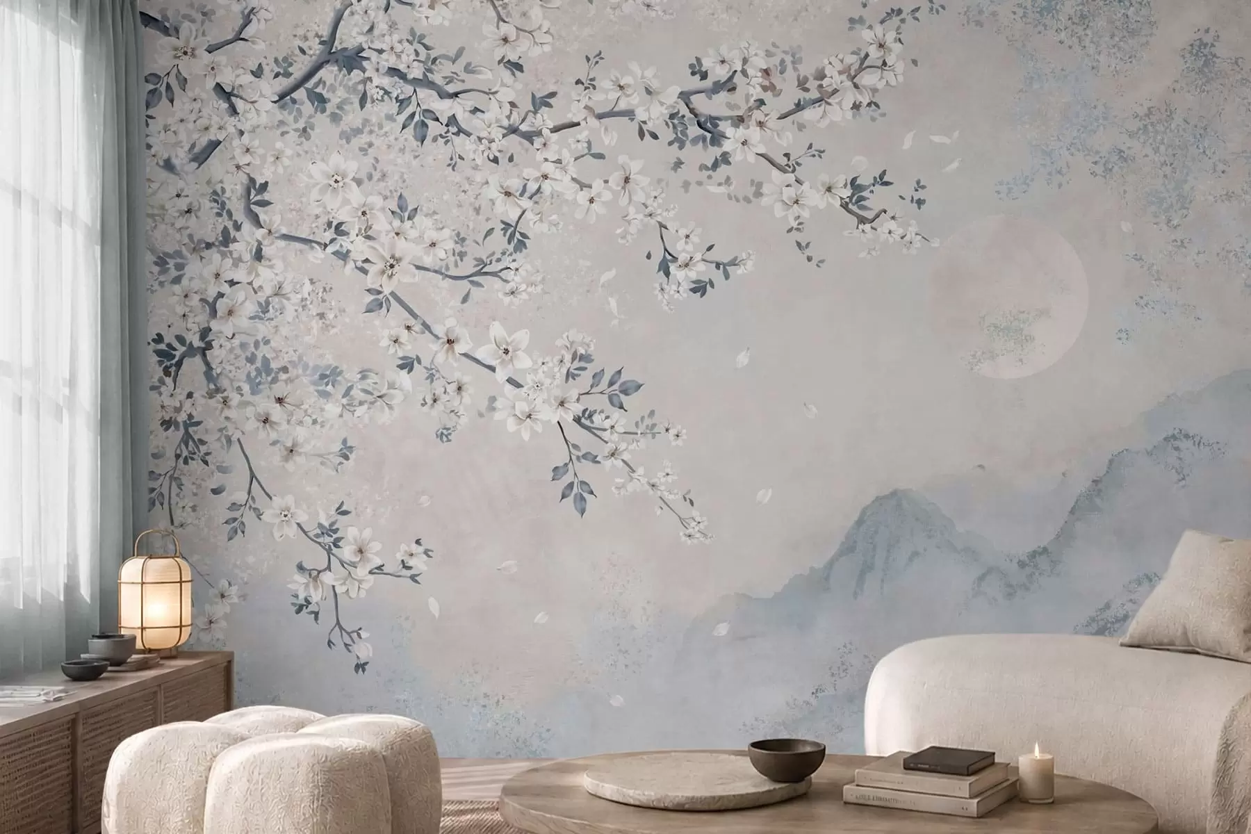 peintures murales Une branche en fleurs délicate au-dessus de montagnes brumeuses et de la lune w05695v2