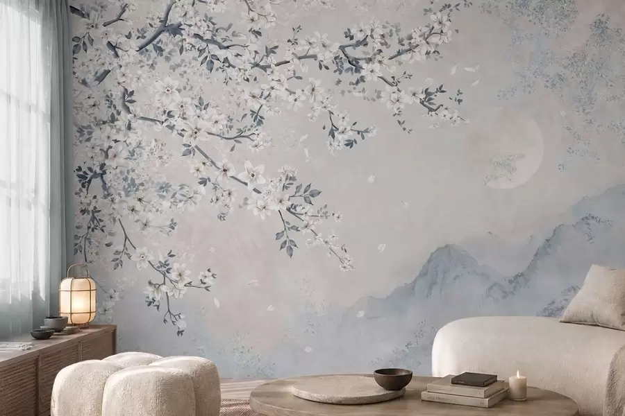 Wall Mural Photo Wallpaper Delicate blooming branch over misty mountains and moon w05695v2