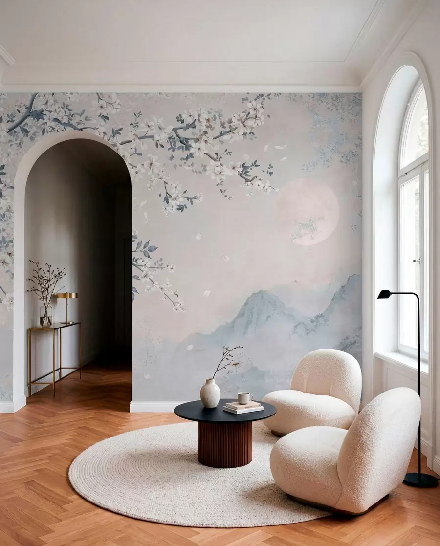 wall murals Delicate blooming branch over misty mountains and moon w05695v2
