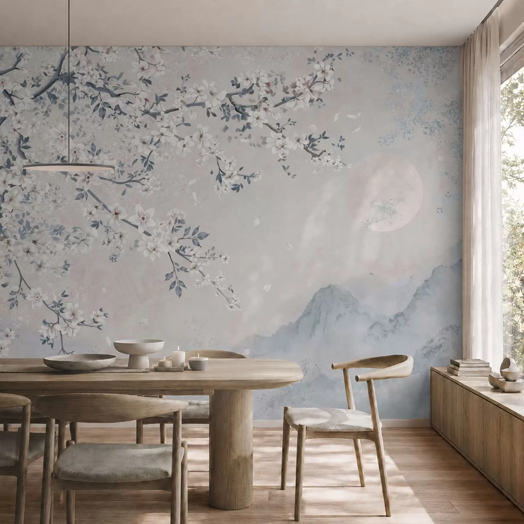 Wall Mural Photo Wallpaper Delicate blooming branch over misty mountains and moon w05695v2