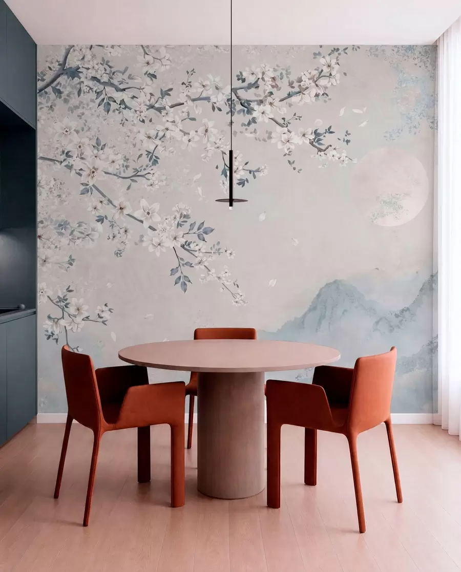 wall murals Delicate blooming branch over misty mountains and moon w05695v2