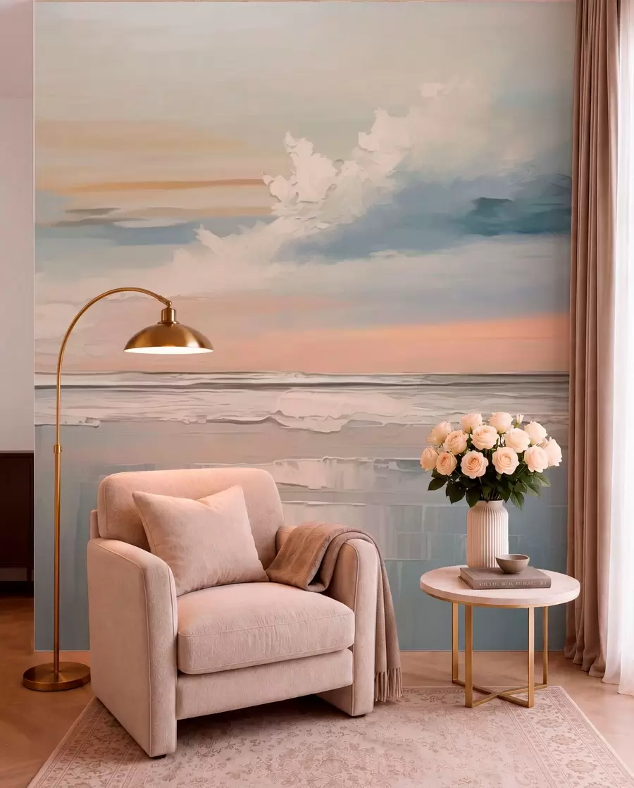 peintures murales Côte au pastel avec des nuages et des reflets sur l'eau w05687