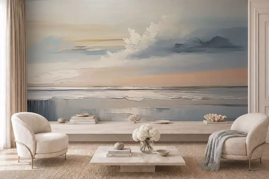 peintures murales Côte au pastel avec des nuages et des reflets sur l'eau w05687