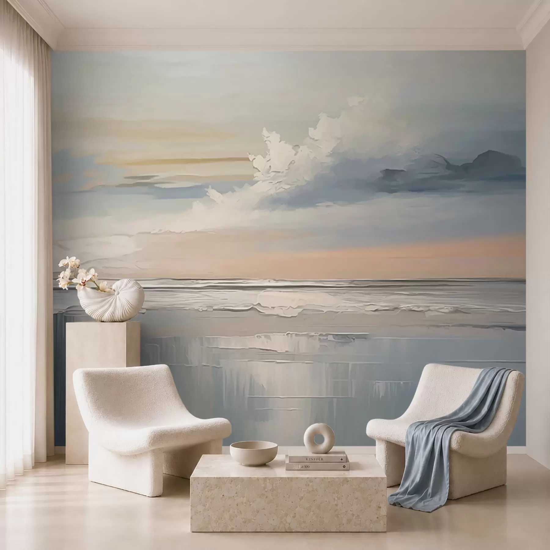 Wall Mural Photo Wallpaper Pastel seashore with clouds and water reflection w05687