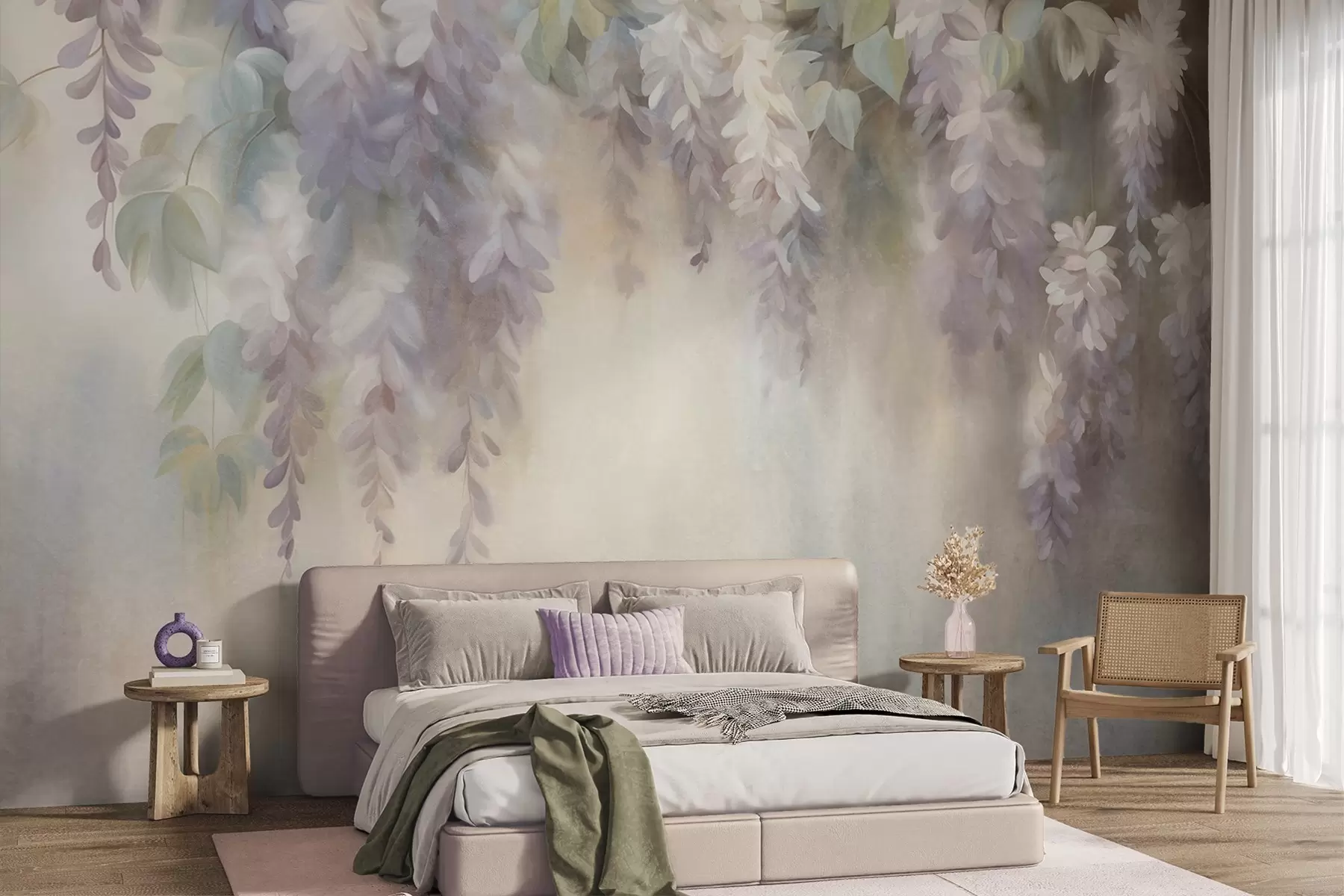 Wall Mural Photo Wallpaper Textured light purple wisteria flowers hanging down with green leaves, pastel background w09896