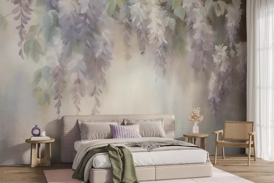 Wall Mural Photo Wallpaper Textured light purple wisteria flowers hanging down with green leaves, pastel background w09896