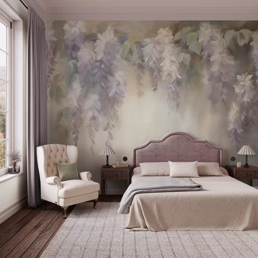 Wall Mural Photo Wallpaper Textured light purple wisteria flowers hanging down with green leaves, pastel background w09896