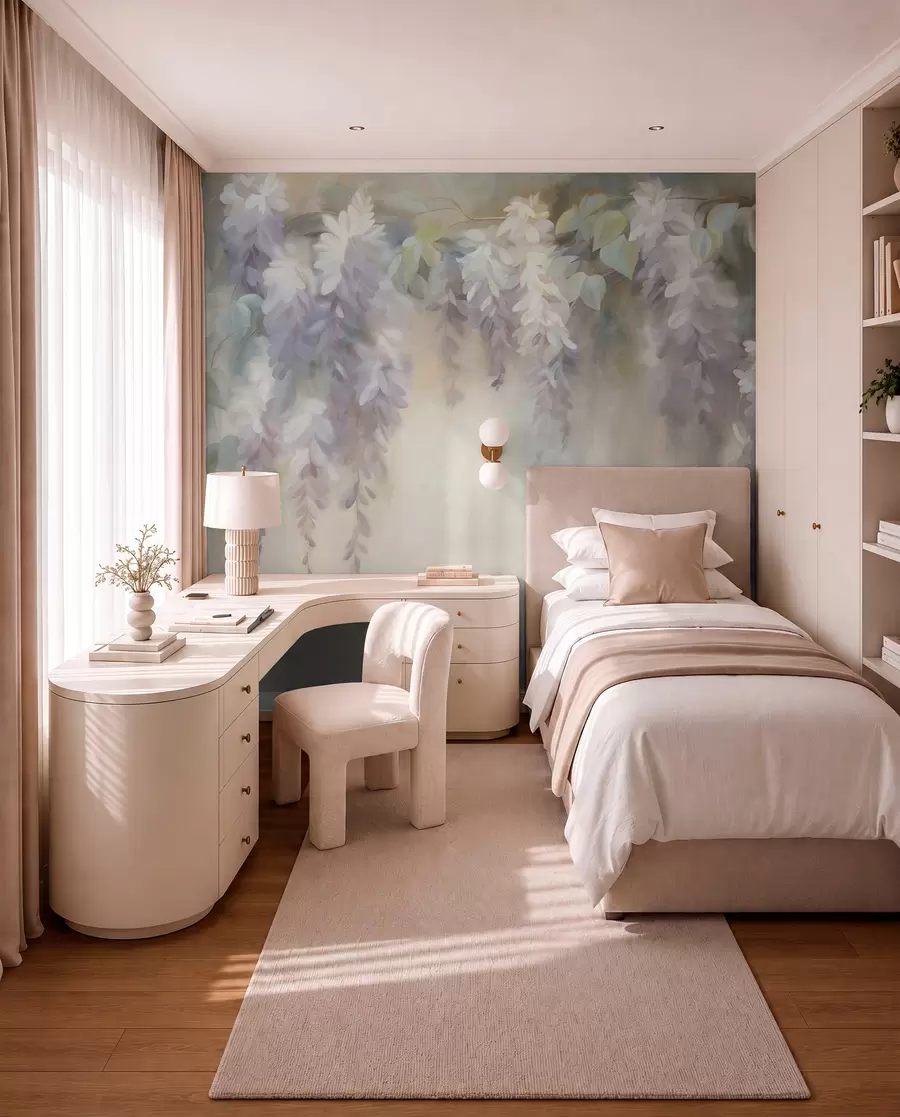 Wall Mural Photo Wallpaper Textured light purple wisteria flowers hanging down with green leaves, pastel background w09896