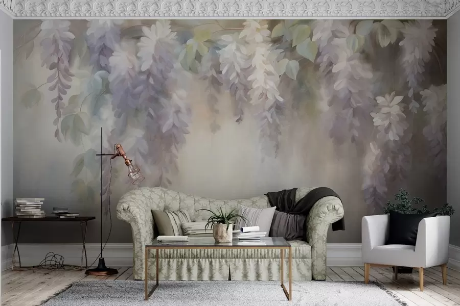 Wall Mural Photo Wallpaper Textured light purple wisteria flowers hanging down with green leaves, pastel background w09896