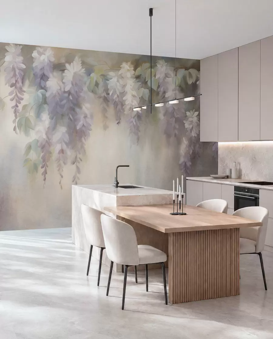 wall murals Textured light purple wisteria flowers hanging down with green leaves, pastel background w09896