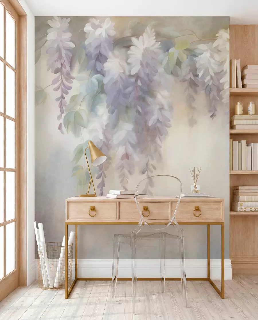 Wall Mural Photo Wallpaper Textured light purple wisteria flowers hanging down with green leaves, pastel background w09896