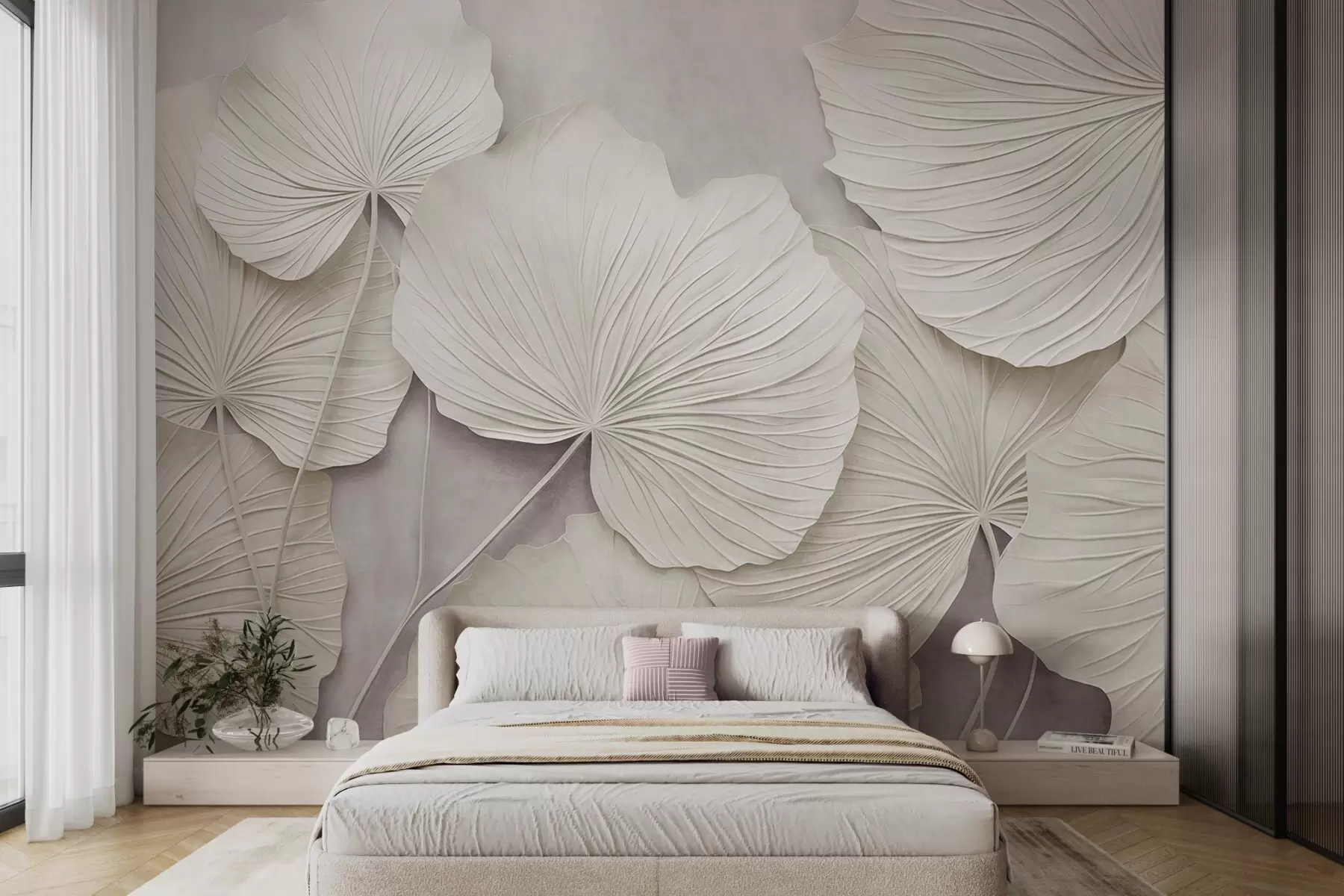 Wall Mural Photo Wallpaper Large, textured leaves against a soft, muted background, minimalistic modern art w09897