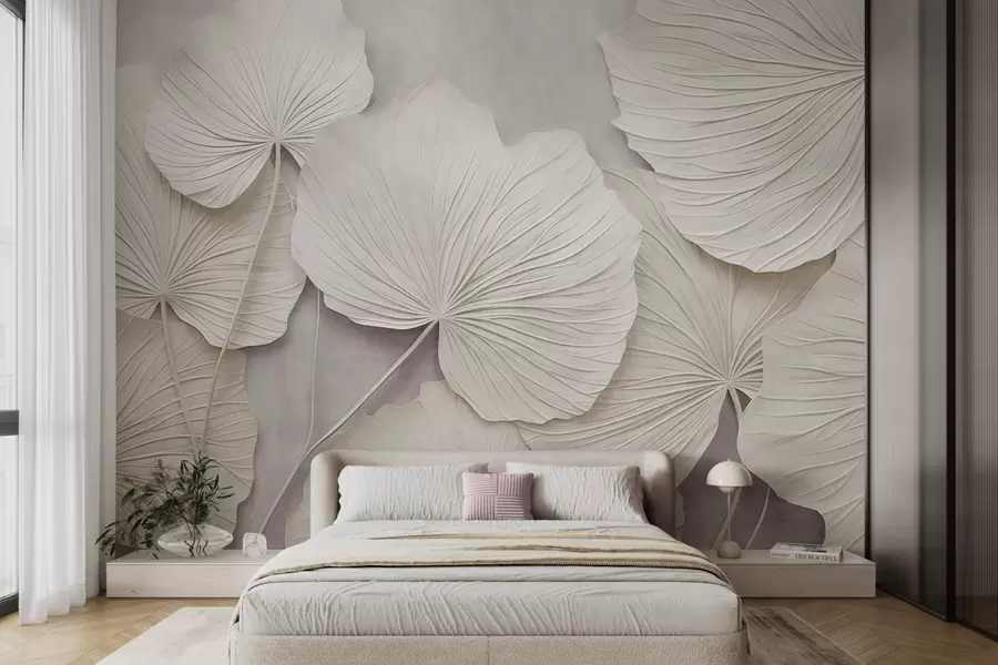 wall murals Large, textured leaves against a soft, muted background, minimalistic modern art w09897