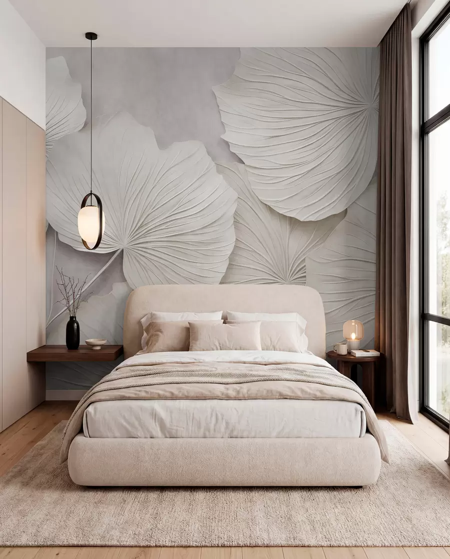 Wall Mural Photo Wallpaper Large, textured leaves against a soft, muted background, minimalistic modern art w09897