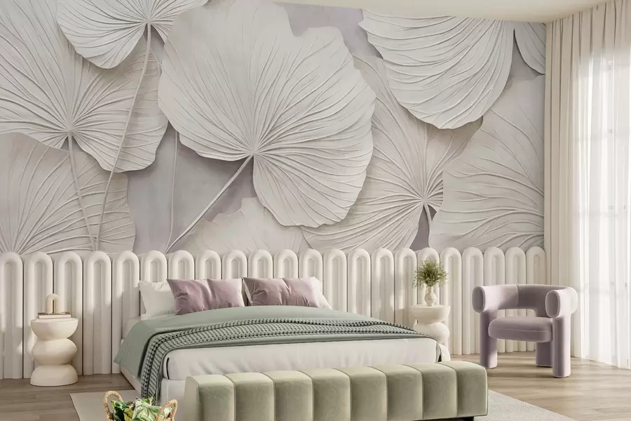 Wall Mural Photo Wallpaper Large, textured leaves against a soft, muted background, minimalistic modern art w09897