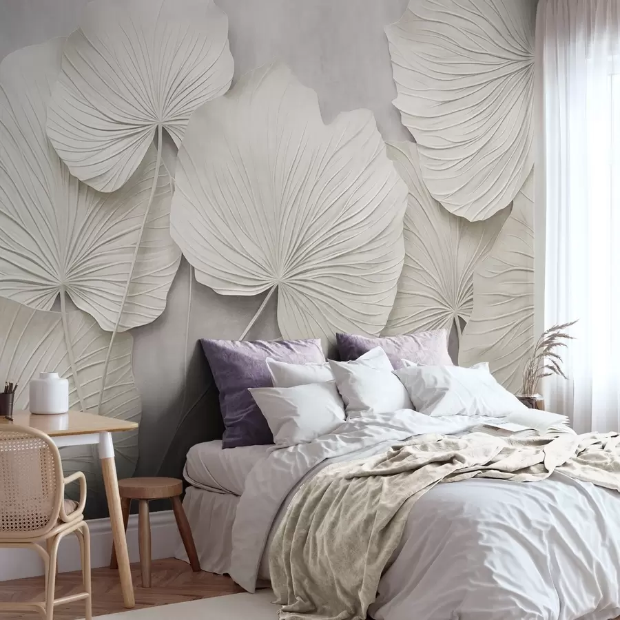 Wall Mural Photo Wallpaper Large, textured leaves against a soft, muted background, minimalistic modern art w09897