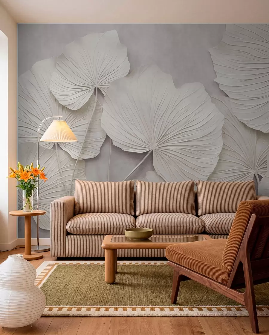 Wall Mural Photo Wallpaper Large, textured leaves against a soft, muted background, minimalistic modern art w09897