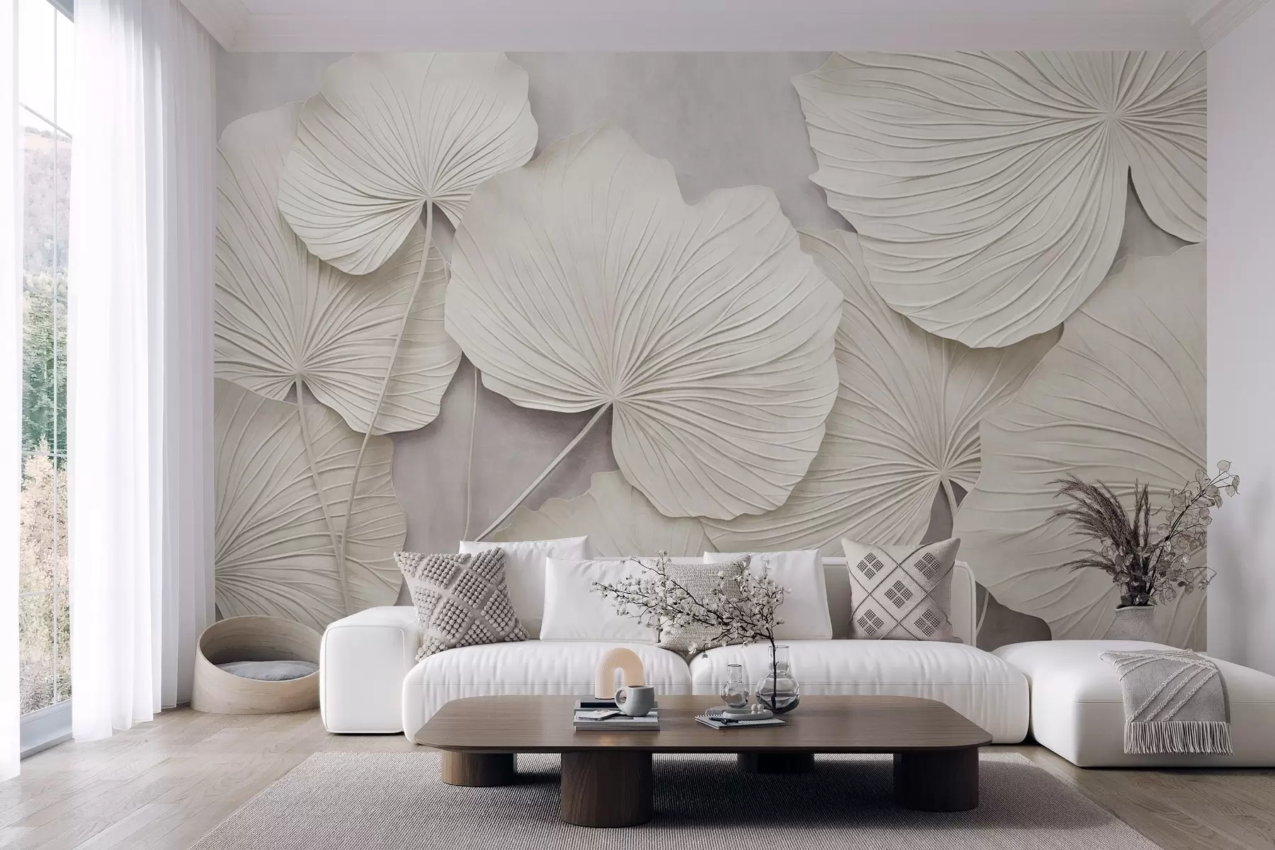 murales Hojas grandes y con textura sobre un fondo suave y apagado; arte moderno minimalista w09897