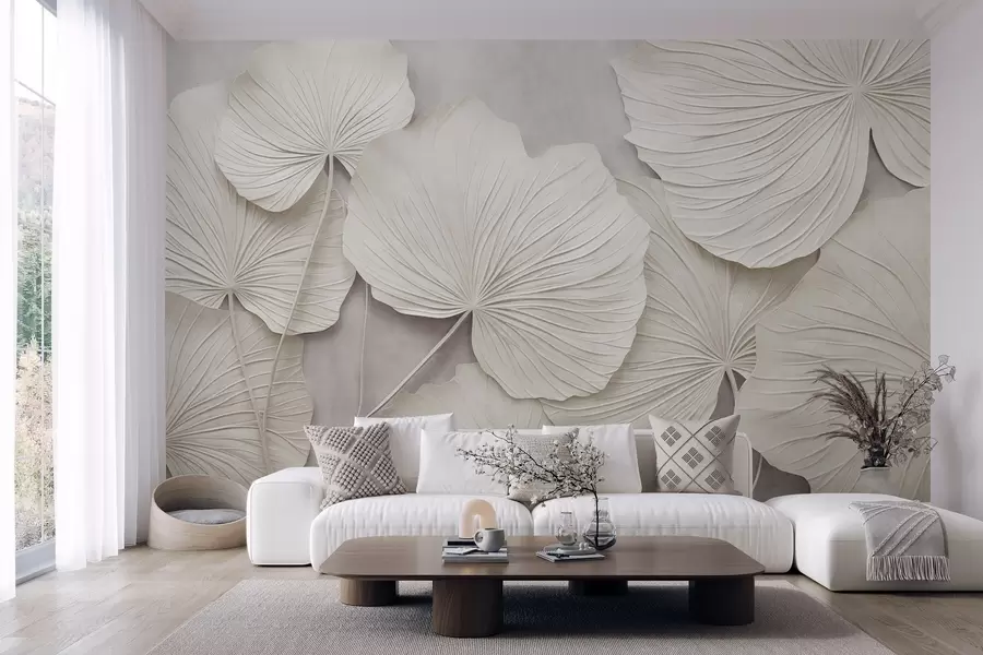 peintures murales De grandes feuilles texturées sur un fond doux et discret, dans un style d'art moderne minimaliste w09897
