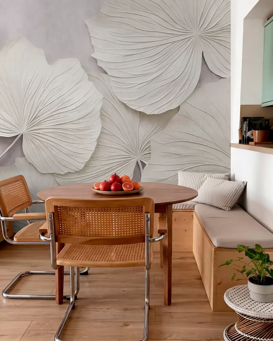 Wall Mural Photo Wallpaper Large, textured leaves against a soft, muted background, minimalistic modern art w09897