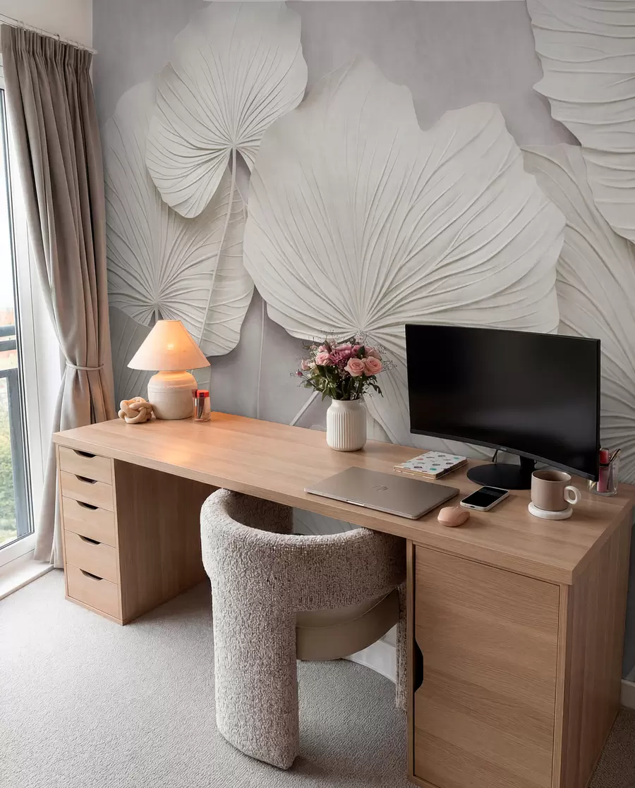 Wall Mural Photo Wallpaper Large, textured leaves against a soft, muted background, minimalistic modern art w09897