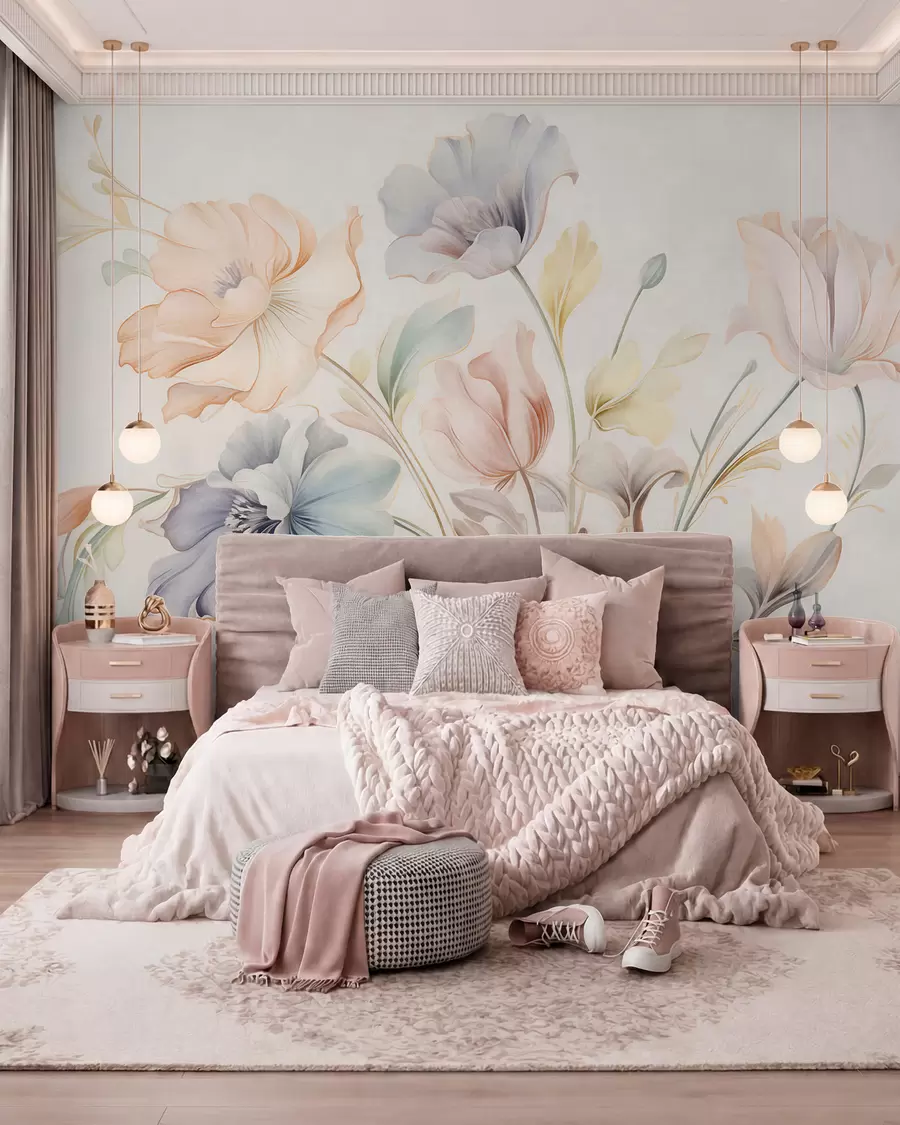 Wall Mural Photo Wallpaper Delicate flowers in pastel shades of pink, blue and yellow with green leaves, light background w09898