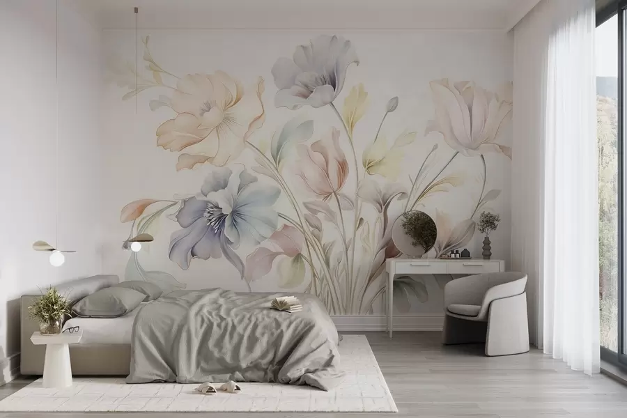 Wall Mural Photo Wallpaper Delicate flowers in pastel shades of pink, blue and yellow with green leaves, light background w09898