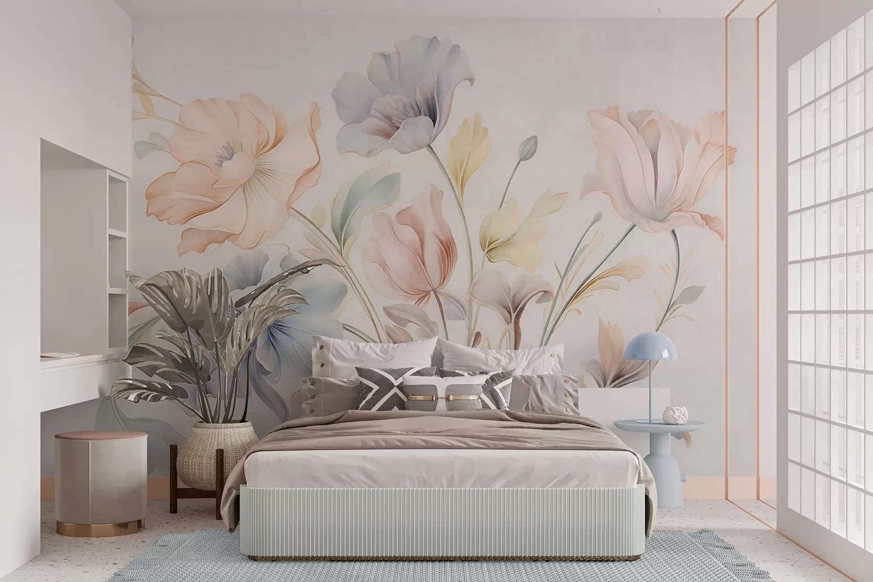 wall murals Delicate flowers in pastel shades of pink, blue and yellow with green leaves, light background w09898