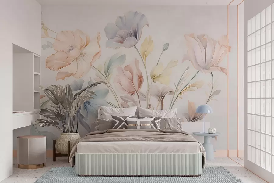 Wall Mural Photo Wallpaper Delicate flowers in pastel shades of pink, blue and yellow with green leaves, light background w09898