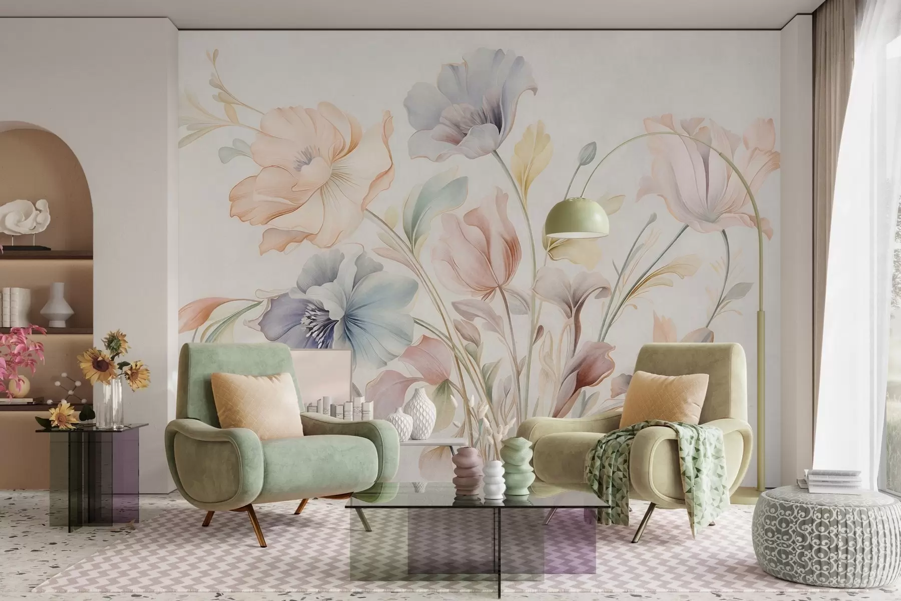 peintures murales De délicates fleurs aux teintes pastel de rose, bleu et jaune, accompagnées de feuilles vertes, sur un fond clair w09898