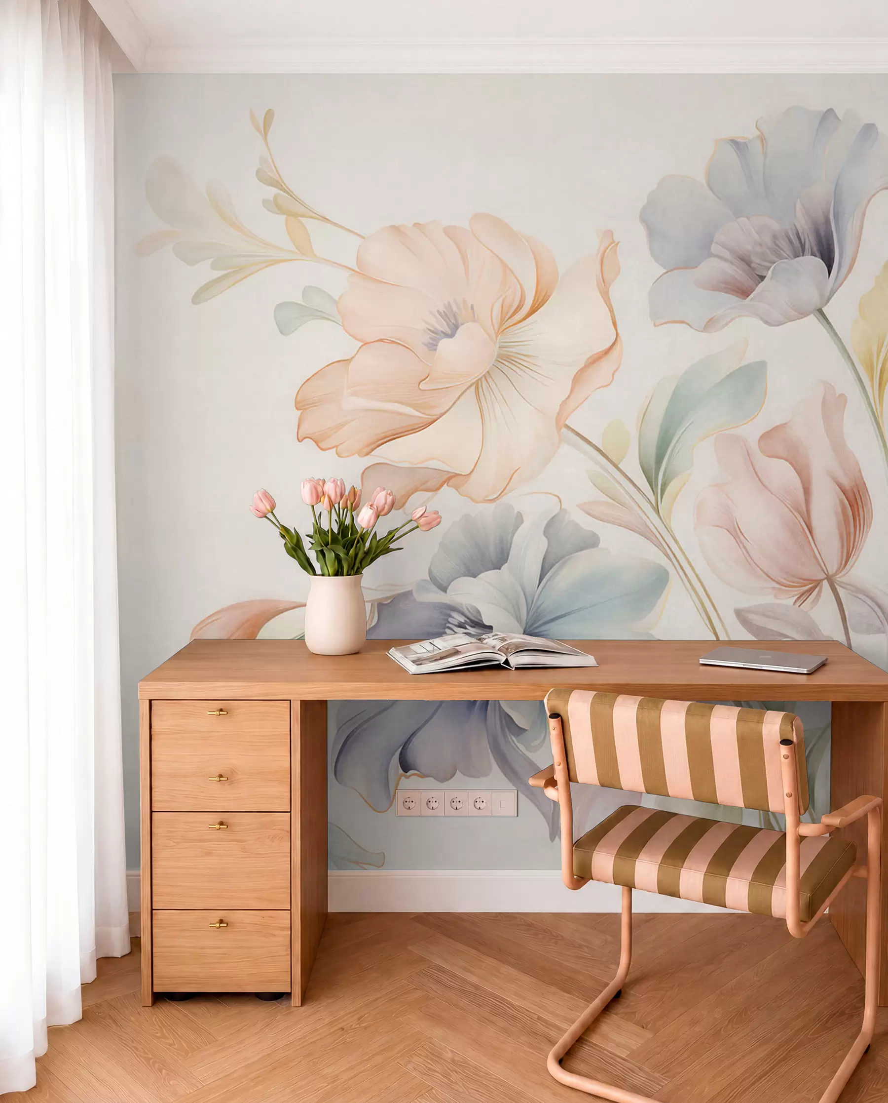Wall Mural Photo Wallpaper Delicate flowers in pastel shades of pink, blue and yellow with green leaves, light background w09898