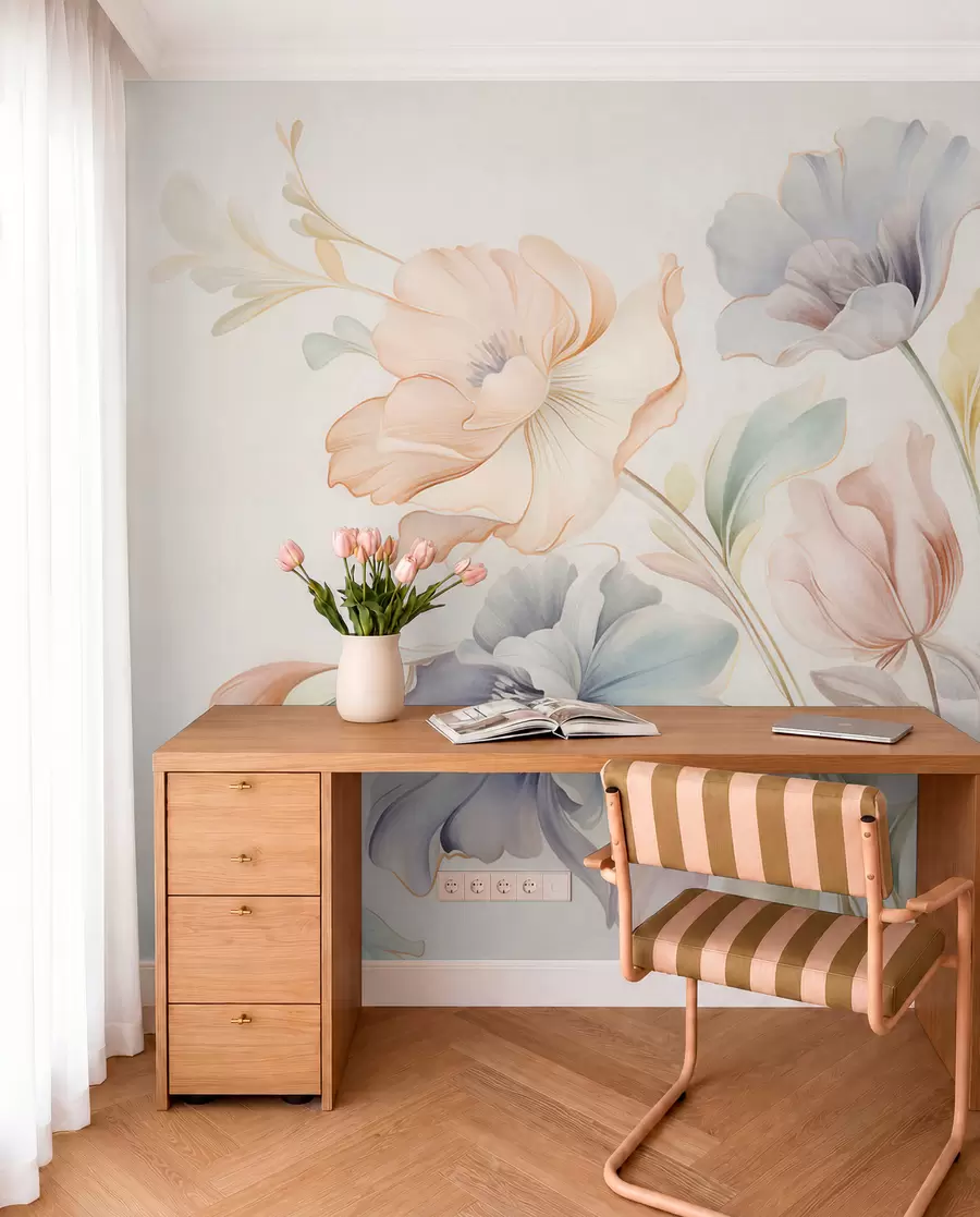 Wall Mural Photo Wallpaper Delicate flowers in pastel shades of pink, blue and yellow with green leaves, light background w09898