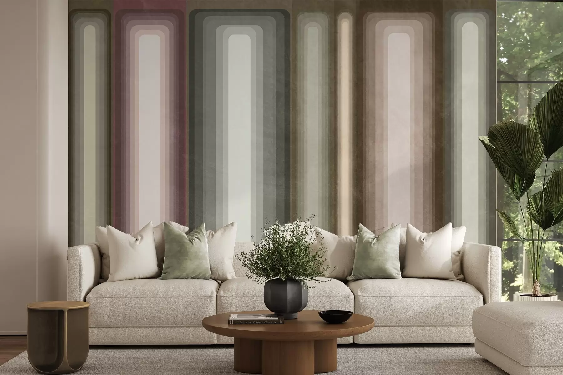 peintures murales Rectangles abstraits texturés, à angles arrondis et disposés verticalement, dans des tons discrets de marron, de beige et de rose pâle w09905