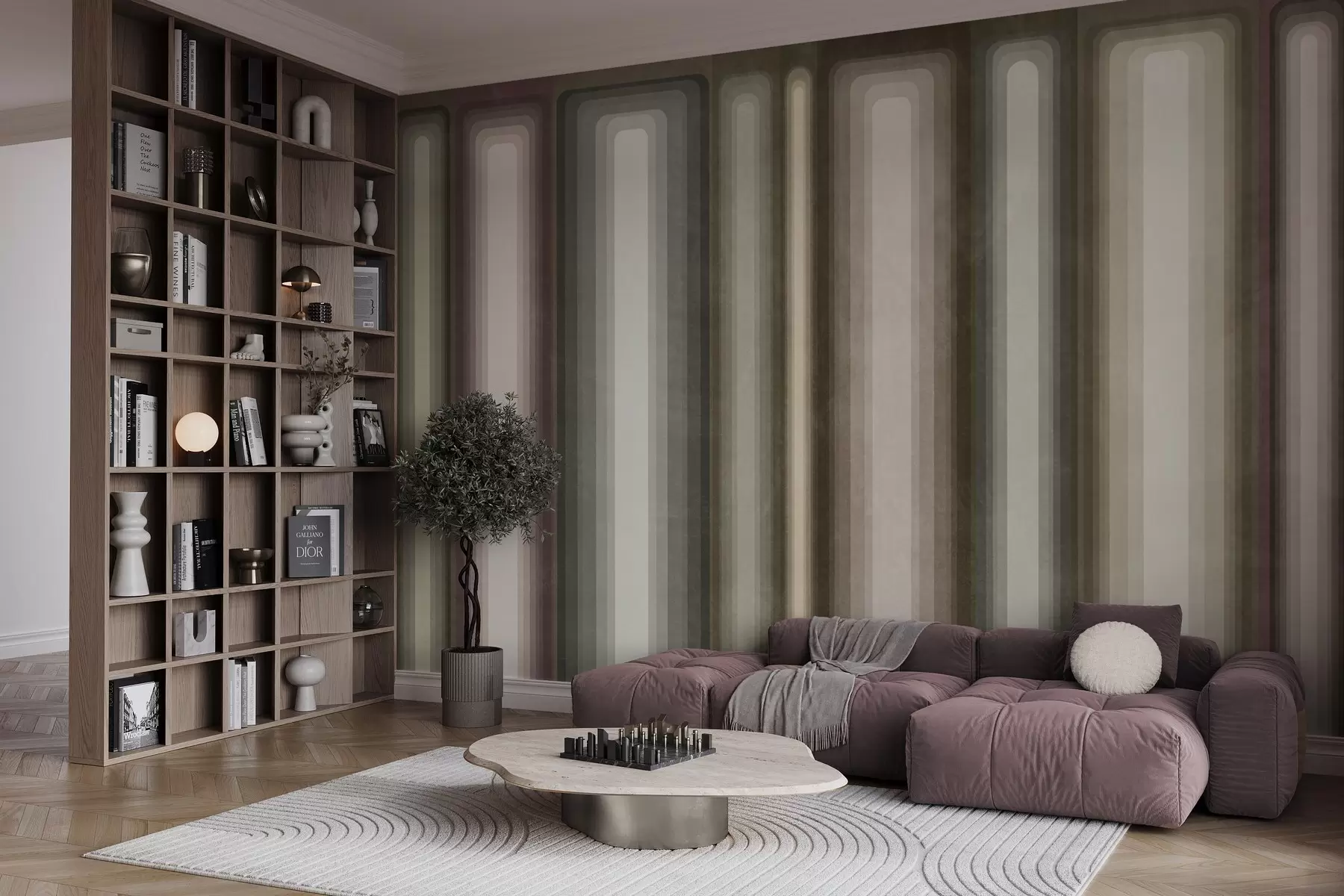 peintures murales Rectangles abstraits texturés, à angles arrondis et disposés verticalement, dans des tons discrets de marron, de beige et de rose pâle w09905