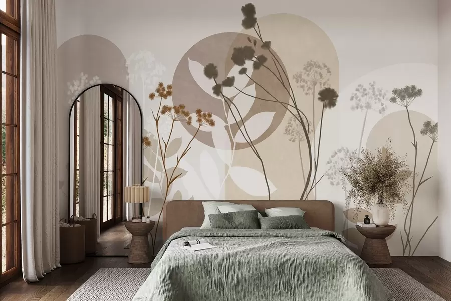Wall Mural Photo Wallpaper Botanical and minimalist composition of dried flowers and leaves with abstract geometry w09906