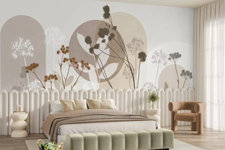Wall Mural Photo Wallpaper Botanical and minimalist composition of dried flowers and leaves with abstract geometry w09906
